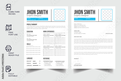 Clean Modern Resume and Cover Letter Layout Vector Template for Business Job Applications, Minimalist resume cv template, Resume design template, cv design, multipurpose resume design See Less 