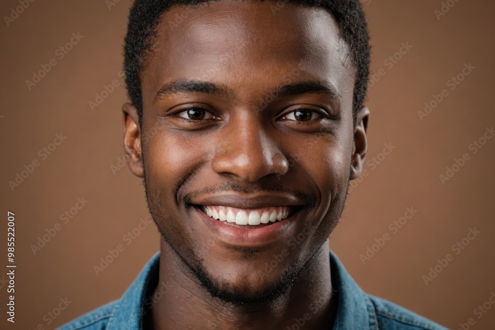 Full framed very close face portrait of a smiling young african man with brown eyes looking at the camera, studio shot,brown background. Full framed very close face portrait of a smiling young african man with brown eyes looking at the camera, studio shot,brown background.