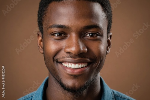 Full framed very close face portrait of a smiling young african man with brown eyes looking at the camera, studio shot,brown background.