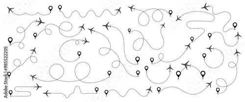 Airplane line path icon of air plane flight route dash line trace with start point. Simple airplane travel line path with map pins. Airplane dashed route path. Vector illustration.