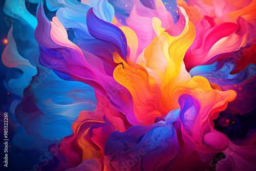 Abstract colorful layered smoke-like pigment fluid background