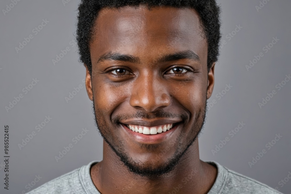Full framed very close face portrait of a smiling young african man with gray eyes looking at the camera, studio shot,gray background. Full framed very close face portrait of a smiling young african man with gray eyes looking at the camera, studio shot,gray background.