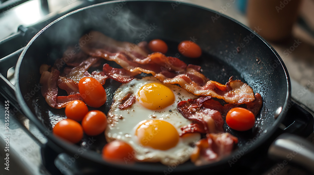 Morning breakfast in a pan, eggs, tomatoes, and bacon over a stove. Morning breakfast in a pan, eggs, tomatoes, and bacon over a stove.