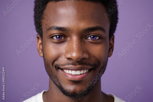 Full framed very close face portrait of a smiling young african man with violet eyes looking at the camera, studio shot,violet background.