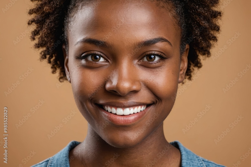 Full framed very close face portrait of a smiling young african woman with hazel eyes looking at the camera, studio shot,hazel background. Full framed very close face portrait of a smiling young african woman with hazel eyes looking at the camera, studio shot,hazel background.