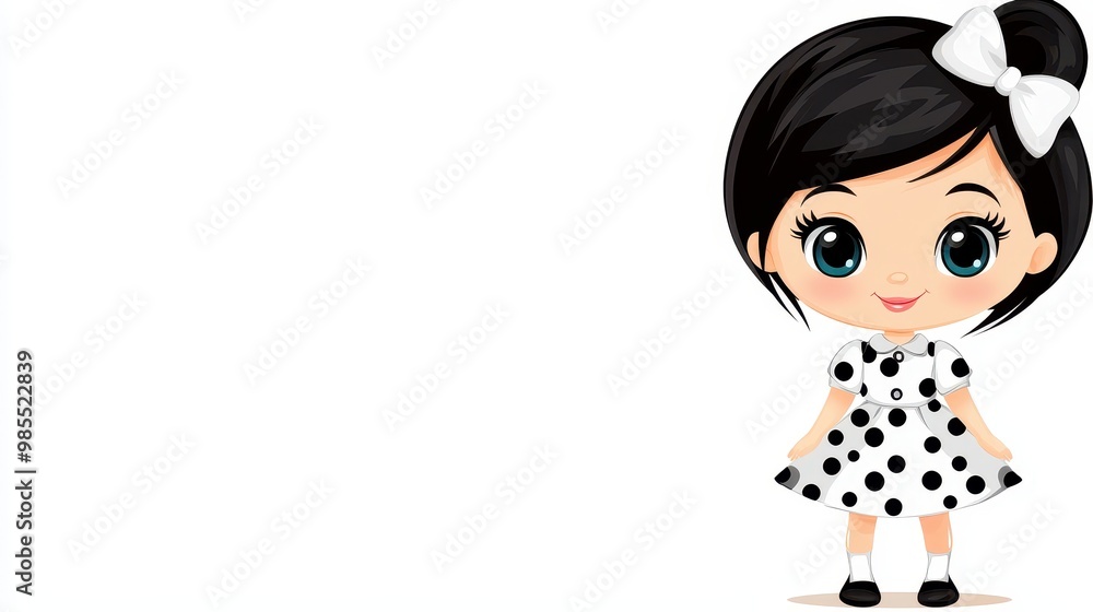 Cute Cartoon Girl in Polka Dot Dress with Bow Cute Cartoon Girl in Polka Dot Dress with Bow