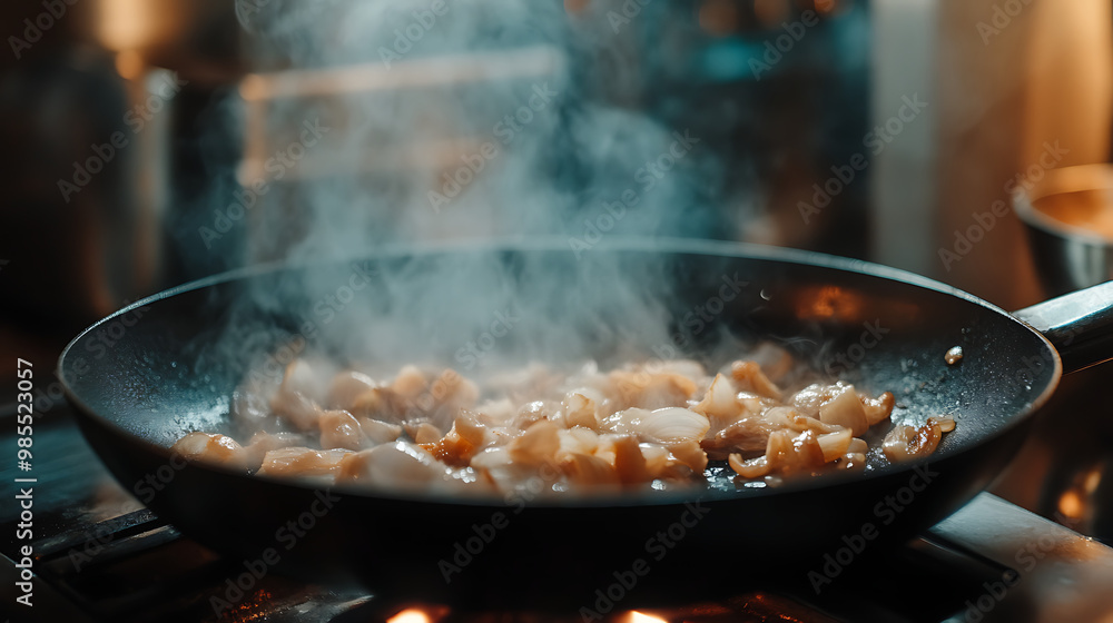Pan of sizzling onions and garlic, filling a kitchen with aroma Pan of sizzling onions and garlic, filling a kitchen with aroma