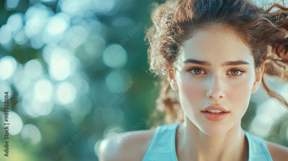 A woman confidently jogging through a park with a determined expression, showcasing her commitment to fitness and well being. A woman confidently jogging through a park with a determined expression, showcasing her commitment to fitness and well being.