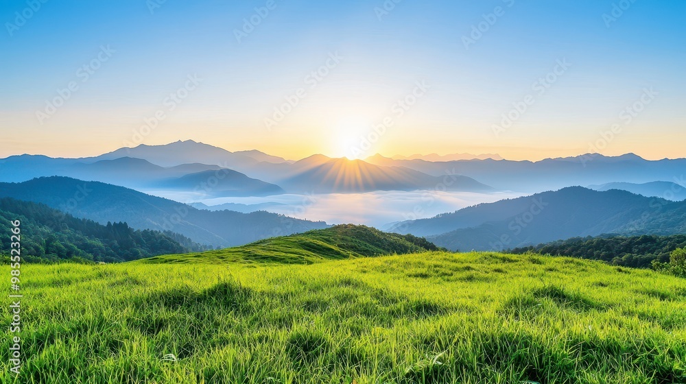 Sunrise Over Serene Mountain Landscape with Green Grass Sunrise Over Serene Mountain Landscape with Green Grass