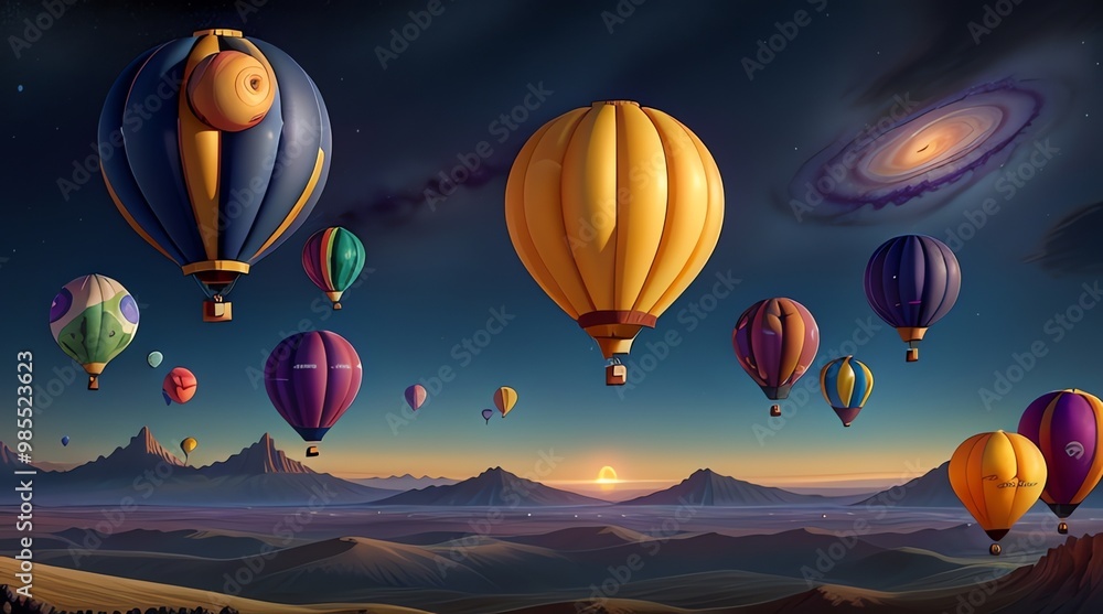 Fototapeta premium a digital illustration of hot air balloons with mountains in the background.