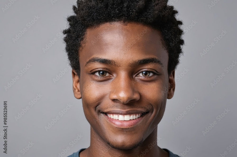 Full framed very close face portrait of a smiling young african non binary with gray eyes looking at the camera, studio shot,gray background. Full framed very close face portrait of a smiling young african non binary with gray eyes looking at the camera, studio shot,gray background.