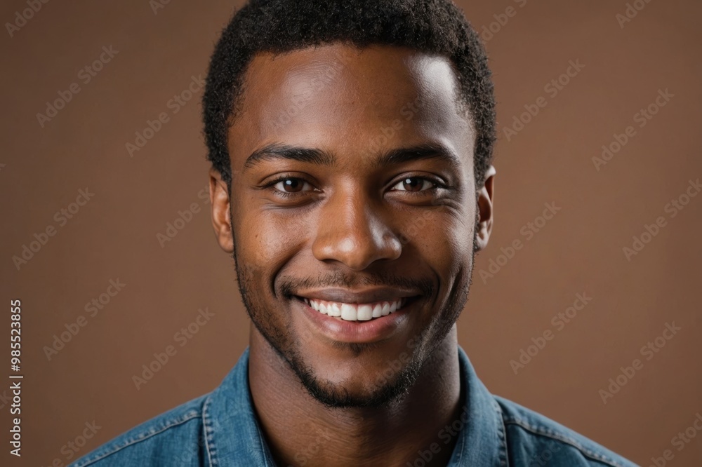 Obraz premium Full framed very close face portrait of a smiling young african american man with brown eyes looking at the camera, studio shot,brown background.