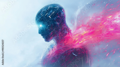 A fiery AI Technology abstract background with smoke, flames, and bright colors reminiscent of the essence of an exploding planet in a fantasy space scene.