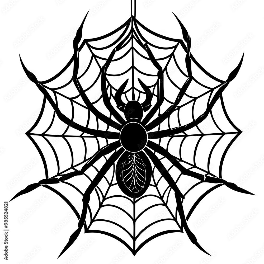 Fototapeta premium Hanging Spider Silhouette with Intricate Web Vector Art