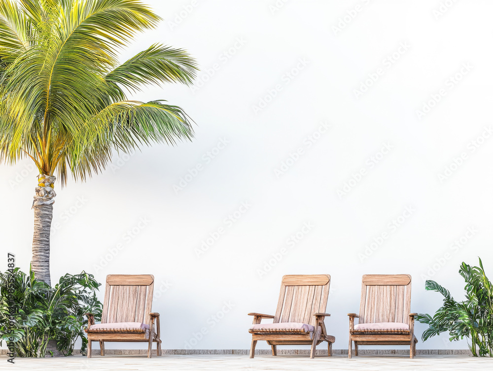 Relaxing wooden lounge chairs under a palm tree by a serene white wall in a tropical setting during daylight Relaxing wooden lounge chairs under a palm tree by a serene white wall in a tropical setting during daylight