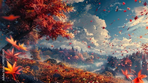 A stunning fantasy autumn landscape featuring golden and red maple leaves gently falling in the breeze. Anime style, Story novels, game plots, seasonal marketing posters.