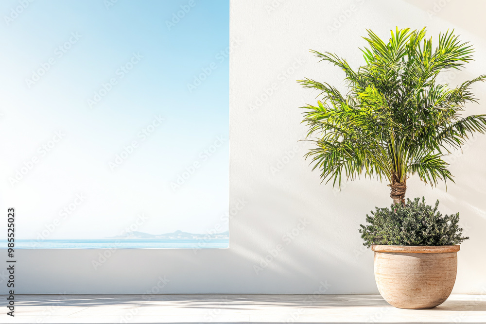 A vibrant potted palm tree near a sunlit balcony overlooking the ocean in a coastal setting during a clear day A vibrant potted palm tree near a sunlit balcony overlooking the ocean in a coastal setting during a clear day