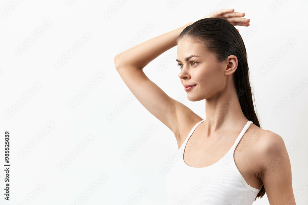 Beauty, model, portrait, woman, profile, elegance, grace, fashion, skincare, health, natural beauty, white background, thoughtful expression, stylish pose, smooth skin, lifestyle image, beauty concept Beauty, model, portrait, woman, profile, elegance, grace, fashion, skincare, health, natural beauty, white background, thoughtful expression, stylish pose, smooth skin, lifestyle image, beauty concept