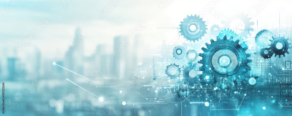 Obraz premium Digital futuristic gears and technology background for infographic with cityscape overlay