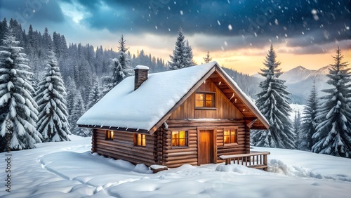 Cozy Wooden Cabin in Snowy Forest at Sunset, Tranquil and Inviting Winter Retreat