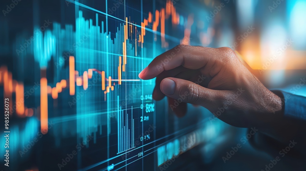 Businessman touching a growth graph and business plan on a virtual screen with a financial chart and rising stock market graph in the background Businessman touching a growth graph and business plan on a virtual screen with a financial chart and rising stock market graph in the background