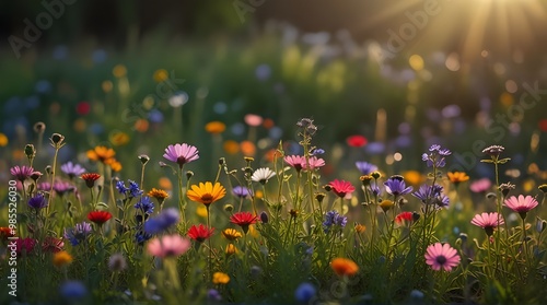 Colorful flower meadow with sunbeams and bokeh lights. generative ai photo