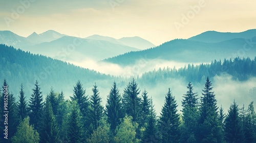 Stunning landscape with misty forest and vintage retro style, hipster aesthetic with mountains and fog in a tranquil setting.