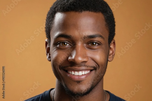 Full framed very close face portrait of a smiling young black man with amber eyes looking at the camera, studio shot,amber background.