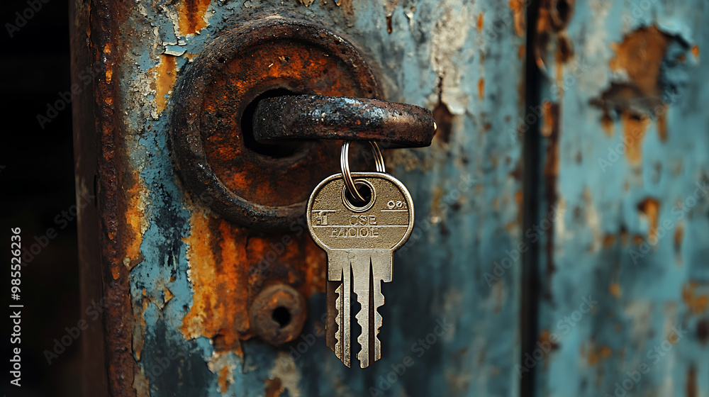 Unusable keys hang from a rusty lock on a forgotten warehouse door. Unusable keys hang from a rusty lock on a forgotten warehouse door.