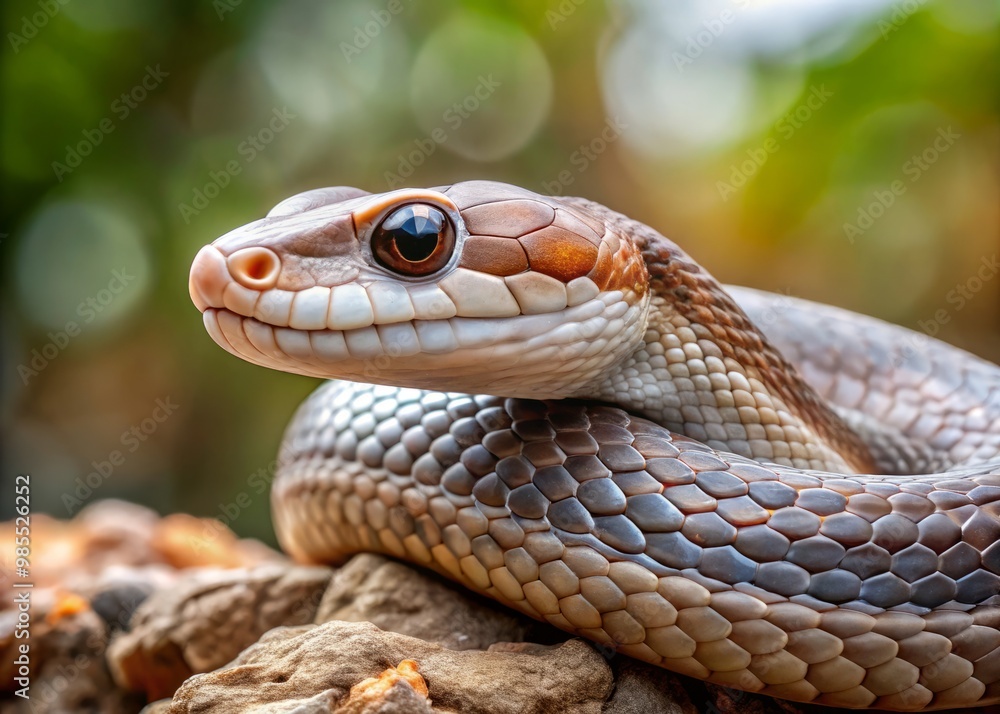 Close-up head shot of a copperhead gray rat snake on a rock with a blurred background Close-up head shot of a copperhead gray rat snake on a rock with a blurred background
