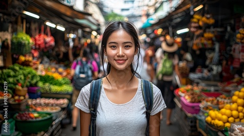 Portrait woman in the bustling Chatuchak Market in Bangkok, with endless rows of stalls selling everything from antiques to street food