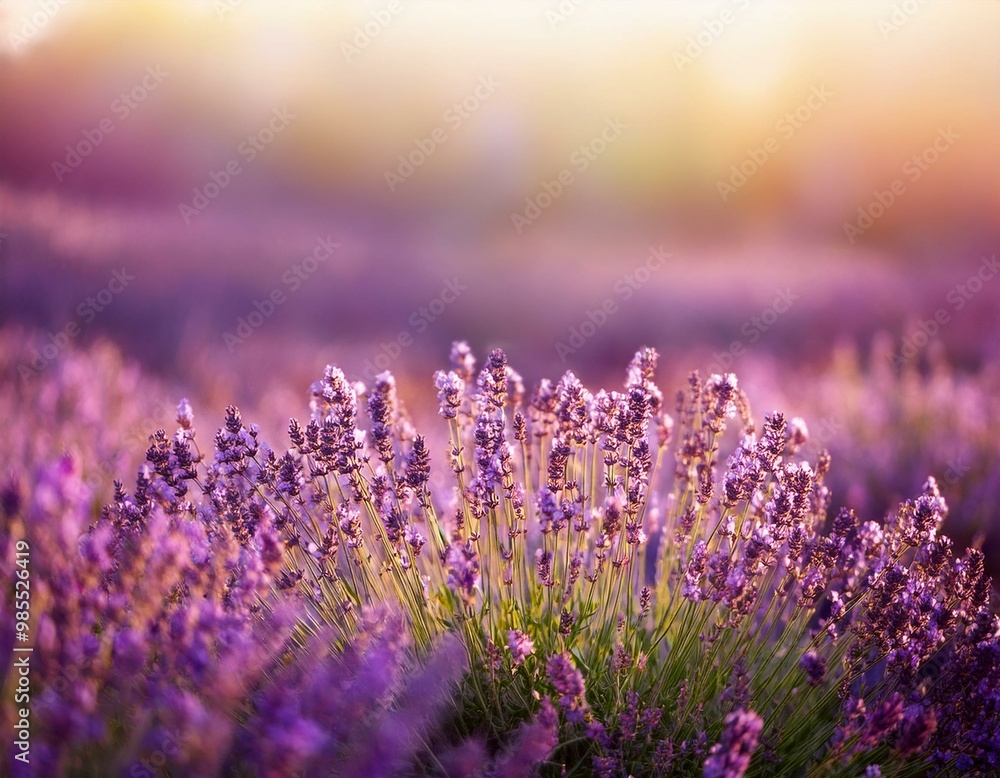 Obraz premium Lavender flowers - Sunset over a summer purple lavender field . Bunch of scented flowers in the lavanda fields of the French Provence near