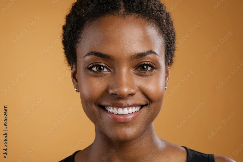 Full framed very close face portrait of a smiling young black woman with amber eyes looking at the camera, studio shot,amber background. Full framed very close face portrait of a smiling young black woman with amber eyes looking at the camera, studio shot,amber background.