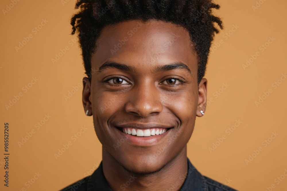 Obraz premium Full framed very close face portrait of a smiling young black non binary with amber eyes looking at the camera, studio shot,amber background.