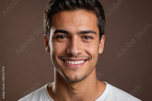 Full framed very close face portrait of a smiling young latin man with brown eyes looking at the camera, studio shot,brown background.