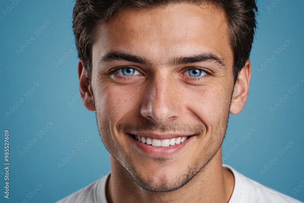 Obraz premium Full framed very close face portrait of a smiling young latin man with blue eyes looking at the camera, studio shot,blue background.