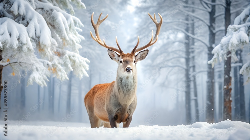 Deer with Large Antlers in Snowy Forest, Peaceful Winter Landscape Deer with Large Antlers in Snowy Forest, Peaceful Winter Landscape