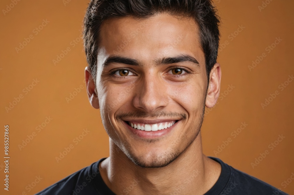 Full framed very close face portrait of a smiling young latin man with amber eyes looking at the camera, studio shot,amber background. Full framed very close face portrait of a smiling young latin man with amber eyes looking at the camera, studio shot,amber background.