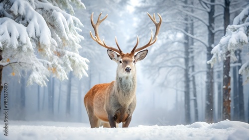 Deer with Large Antlers in Snowy Forest, Peaceful Winter Landscape