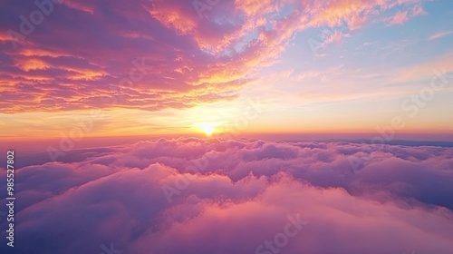 Sunset Sky and Clouds from Above: Stunning aerial view of a vibrant sunset sky with clouds, capturing the beauty of a sunset from above.