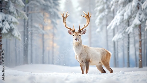 Deer with Large Antlers in Snowy Forest, Peaceful Winter Landscape