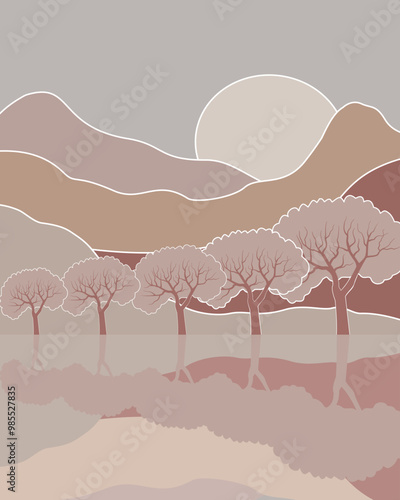 Minimalist Earth-Toned Landscape Illustration of Trees at Sunset for Nature-Themed Art Prints and Home Decor