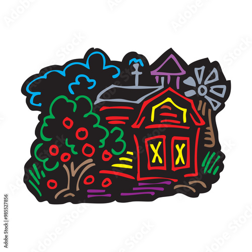 Farm barn cowshed building exterior with tractor and windmill flat vector