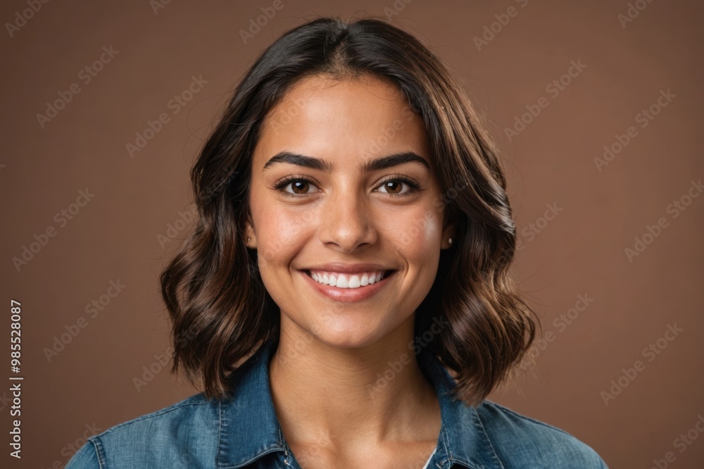 Full framed very close face portrait of a smiling young latin woman with brown eyes looking at the camera, studio shot,brown background. Full framed very close face portrait of a smiling young latin woman with brown eyes looking at the camera, studio shot,brown background.