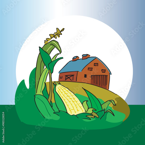 Farm barn cowshed building exterior with tractor and windmill flat vector
