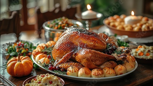 A traditional Thanksgiving dinner table, featuring a beautifully roasted turkey. The table is adorned with various side dishes, such as mashed potatoes, stuffing, cranberry sauce, and vegetables.