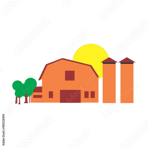 Farm barn cowshed building exterior with tractor and windmill flat vector