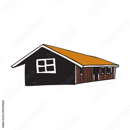 Farm barn cowshed building exterior with tractor and windmill flat vector