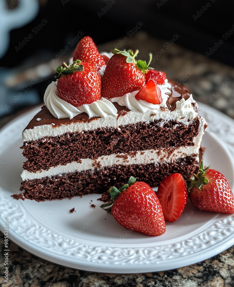 A piece of chocolate cake with cream and strawberries, close-up A piece of chocolate cake with cream and strawberries, close-up