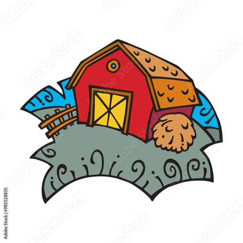 Farm barn cowshed building exterior with tractor and windmill flat vector